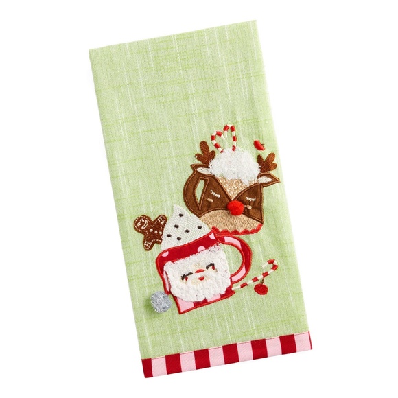 NWT WORLD MARKET Green Santa and Reindeer Cocoa Embroidered Kitchen Towel Set - Picture 2 of 4